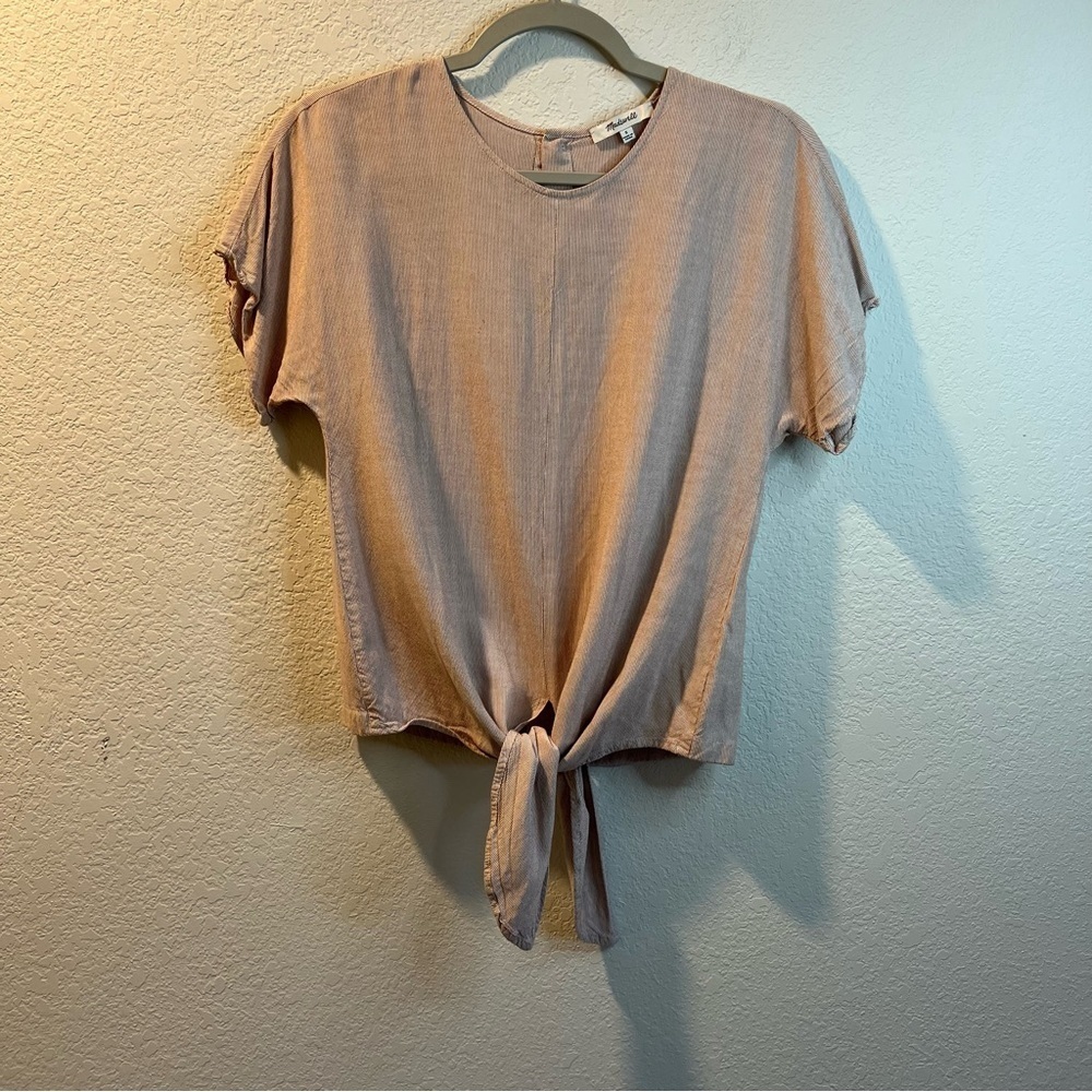 Women’s Madewell red micro stripe short sleeve button back tie front blouse sz S